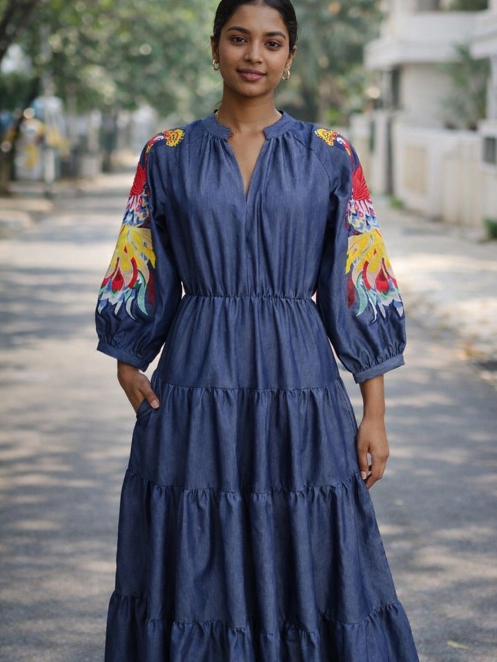 Women's Denim Blue  Maxi Dress with Colorful Embroidered Sleeves and Pockets